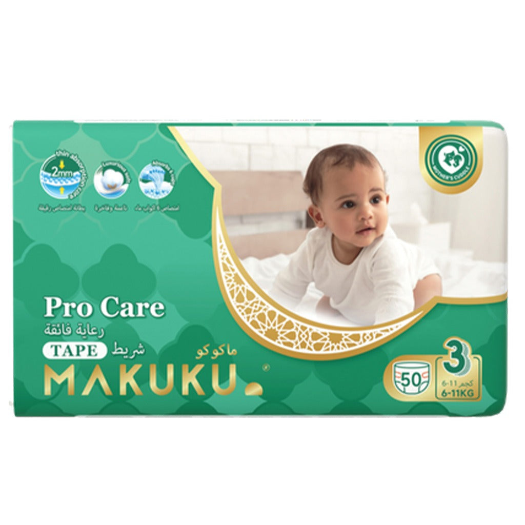 Makuku Pro Care Premium Tape Baby Diapers, Size 3, Medium For 6 To 11 Kg, Pack of 50’s - Easy Pharmacy LLC