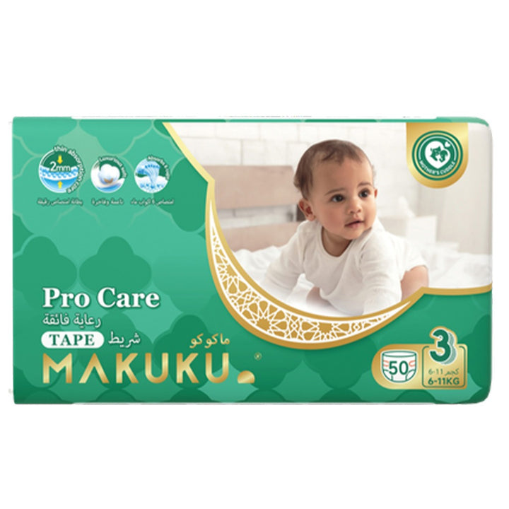 Makuku Pro Care Premium Tape Baby Diapers, Size 3, Medium For 6 To 11 Kg, Pack of 50’s - Easy Pharmacy LLC