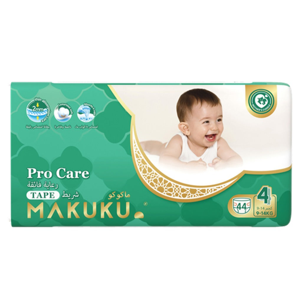 Makuku Pro Care Premium Tape Baby Diapers, Size 4, Large For 9 To 14Kg, Pack of 44’s - Easy Pharmacy LLC