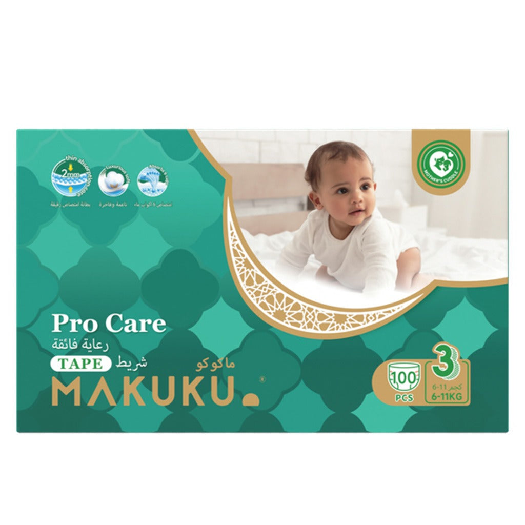 Makuku Pro Care Premium Tape Baby Diapers, Size 3, Medium For 6 To 11Kg, Pack of 100's - Easy Pharmacy LLC