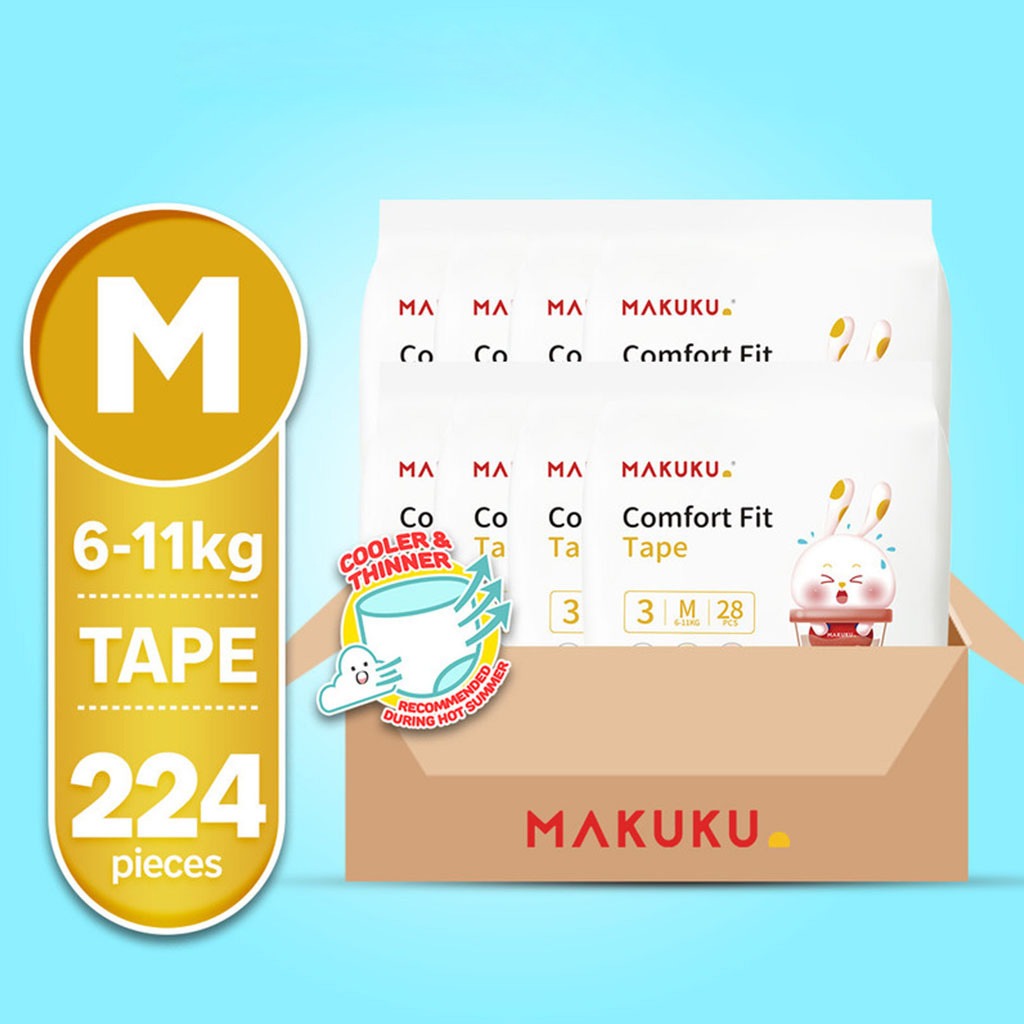 Makuku Comfort Fit Tape Baby Diapers, Size 3, Medium For 6 To 11Kg Baby, JUMBO PACK of 28x 8’s - Easy Pharmacy LLC