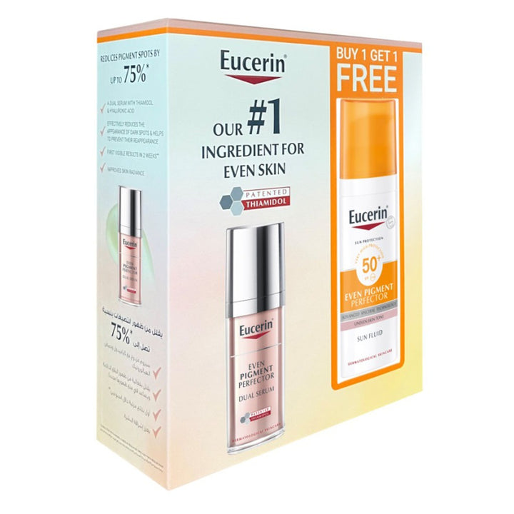 Eucerin Even Pigment Perfector Dual Hyperpigmentation Serum 30ml + Eucerin Sun Pigment Control Sunscreen SPF50+ Sun Fluid For Uneven Skin Tone 50ml - PROMO PACK - Easy Pharmacy LLC