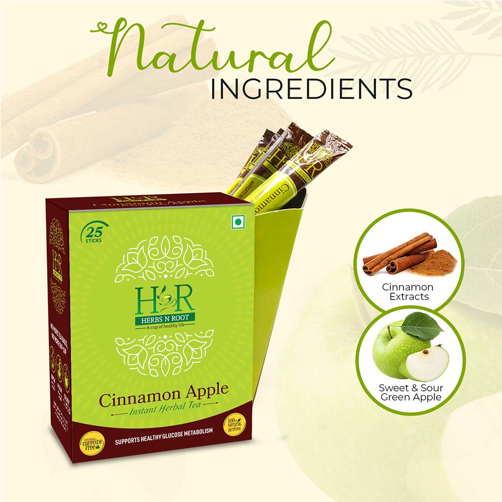Herbs N Root Cinnamon Apple Instant Herbal Tea Sachets For Healthy Glucose Metabolism, Pack of 25's - Easy Pharmacy LLC