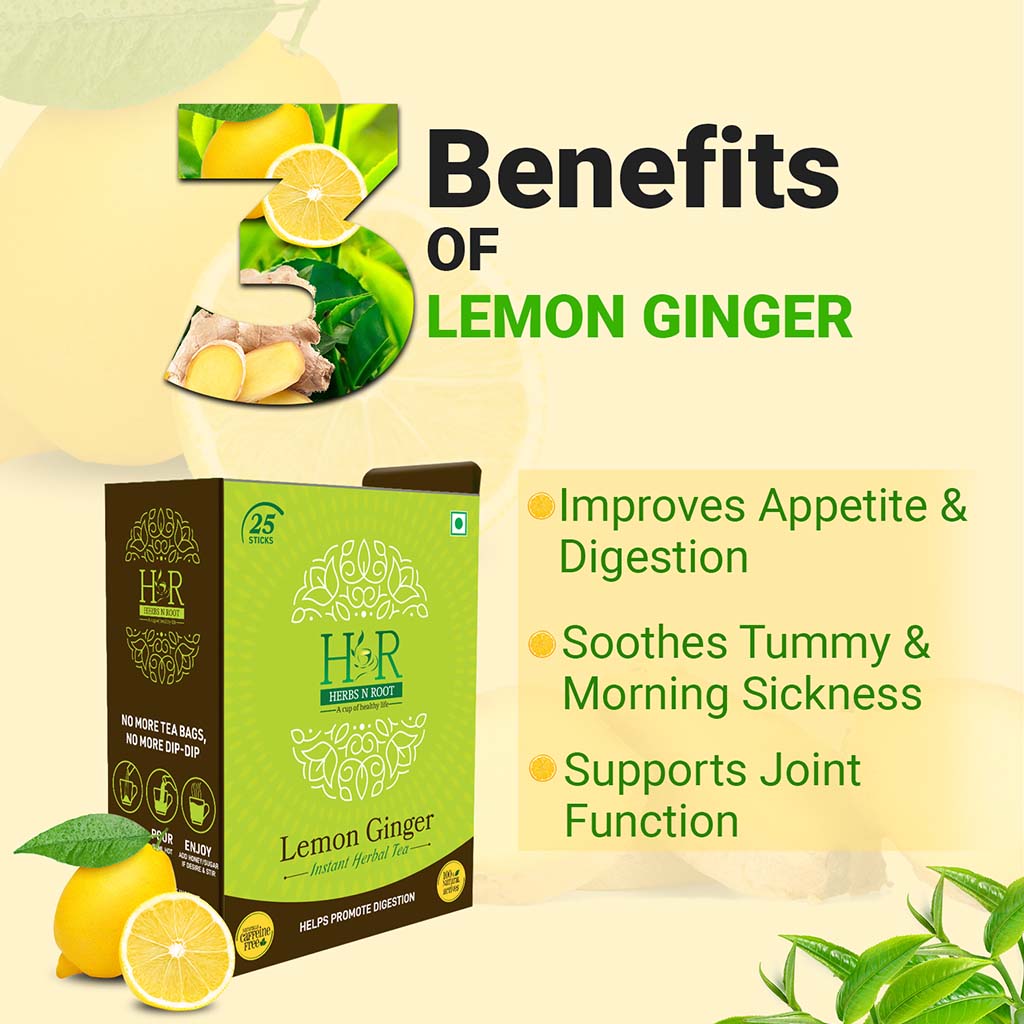 Herbs N Root Lemon Ginger Instant Herbal Tea Sachets For Digestive Support, Pack of 25's - Easy Pharmacy LLC