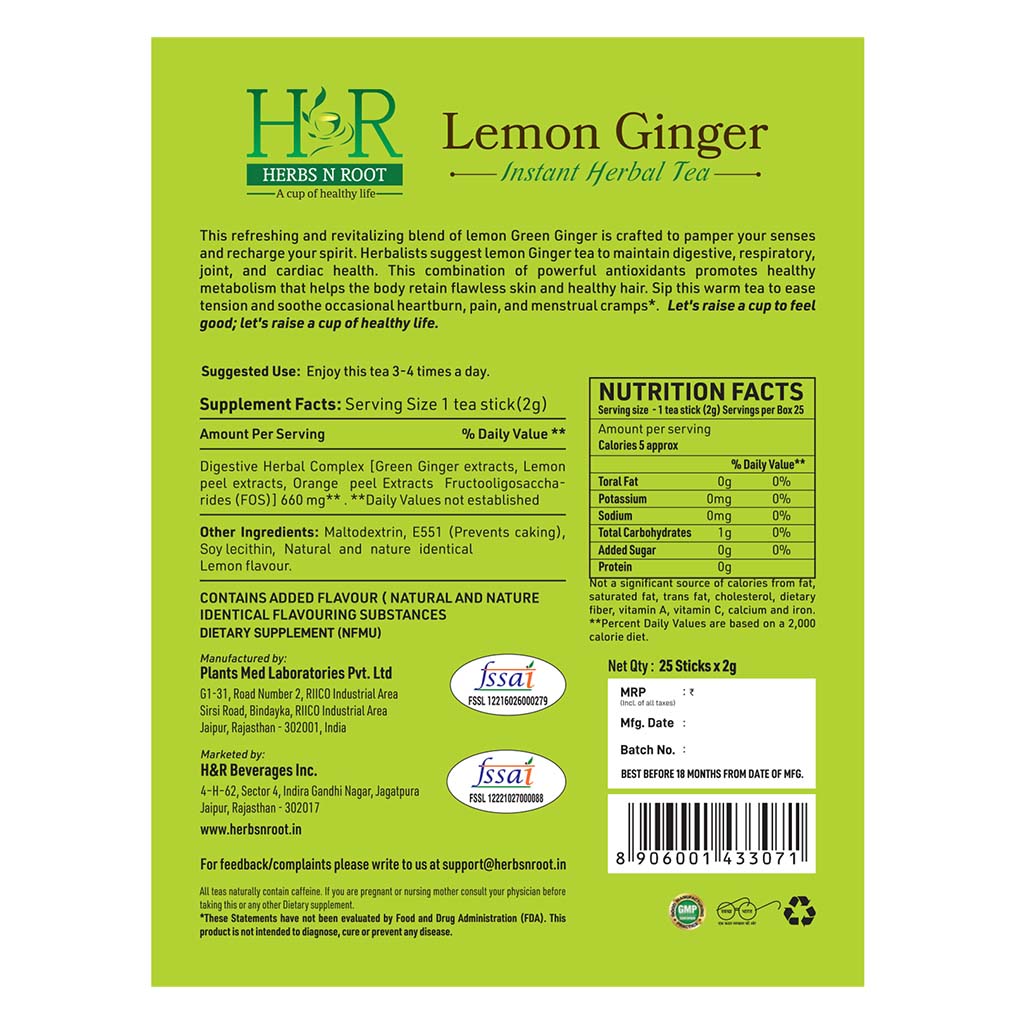 Herbs N Root Lemon Ginger Instant Herbal Tea Sachets For Digestive Support, Pack of 25's - Easy Pharmacy LLC
