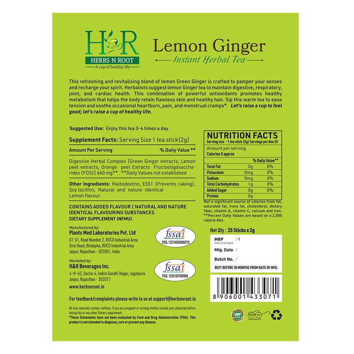 Herbs N Root Lemon Ginger Instant Herbal Tea Sachets For Digestive Support, Pack of 25's - Easy Pharmacy LLC