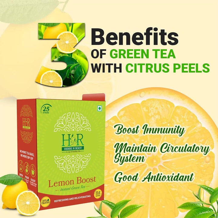 Herbs N Root Lemon Boost Instant Green Tea Sachets For Refreshing & Rejuvenating, Pack of 25's - Easy Pharmacy LLC