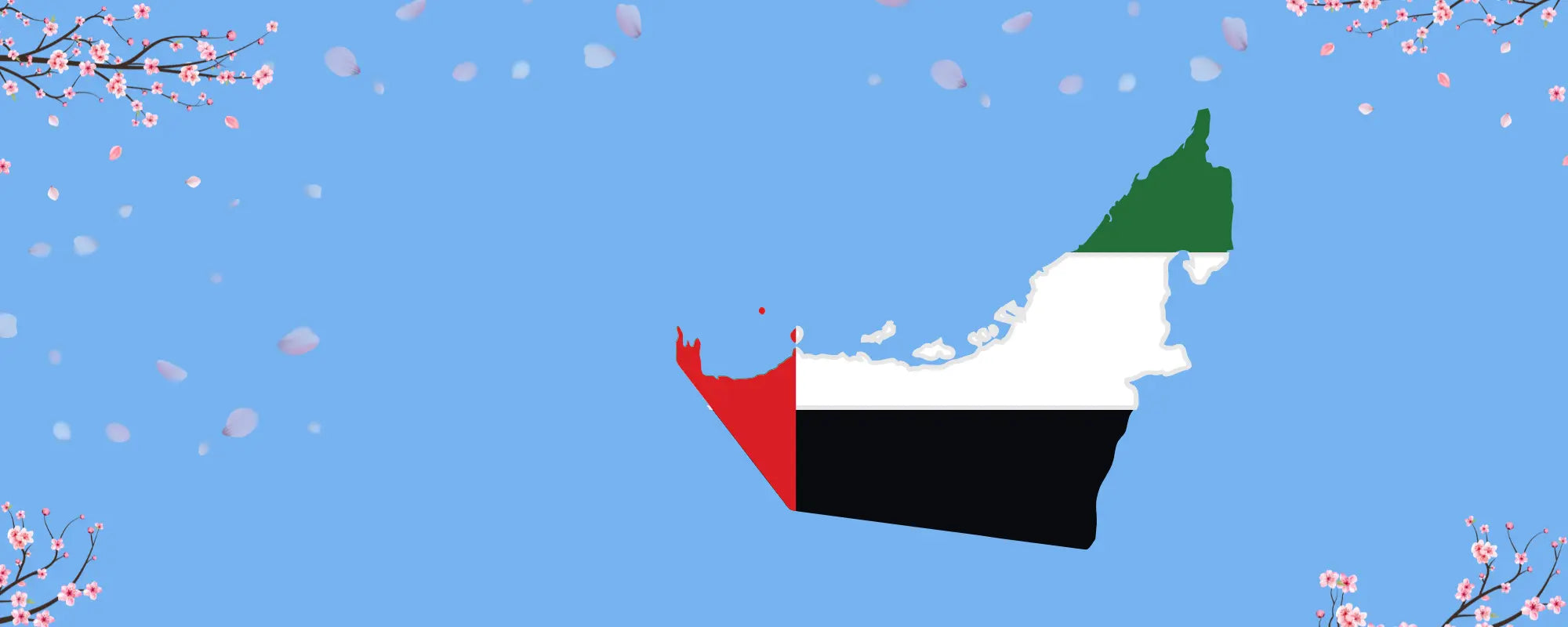 UAE map in national flag colors with blue sky and cherry blossoms, representing Easy Pharmacy’s online healthcare and wellness services across the UAE.