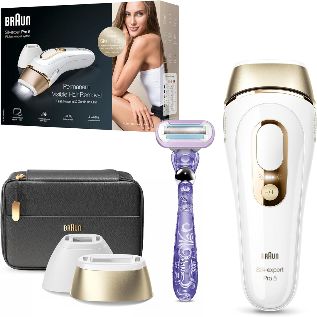 Braun Silk·expert Pro 5 PL5147 IPL Hair Removal Device – Smart At-Home Light Technology with 2 Heads & Venus Razor (White/Gold)