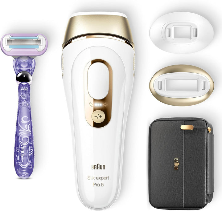 Braun Silk·expert Pro 5 PL5147 IPL Hair Removal Device – Smart At-Home Light Technology with 2 Heads & Venus Razor (White/Gold)
