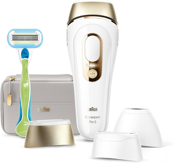 Braun Silk·expert Pro 5 PL5257 IPL Hair Removal Device – Smart At-Home Light Technology with 3 Heads & Venus Razor (White/Gold)