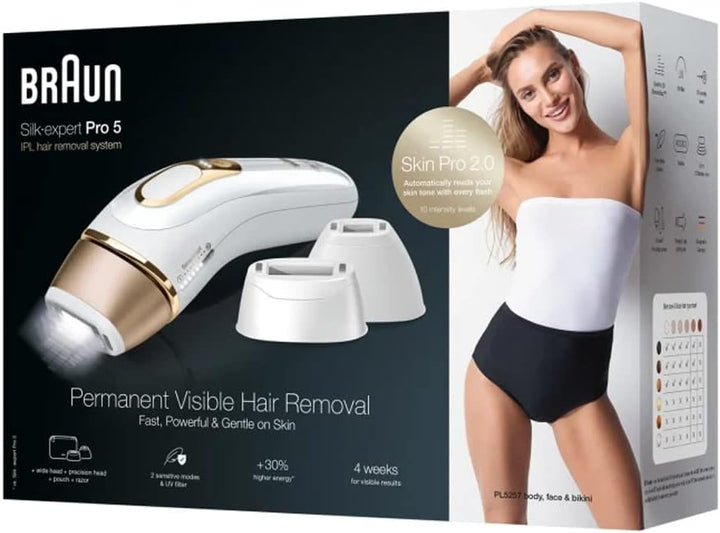 Braun Silk·expert Pro 5 PL5257 IPL Hair Removal Device – Smart At-Home Light Technology with 3 Heads & Venus Razor (White/Gold)