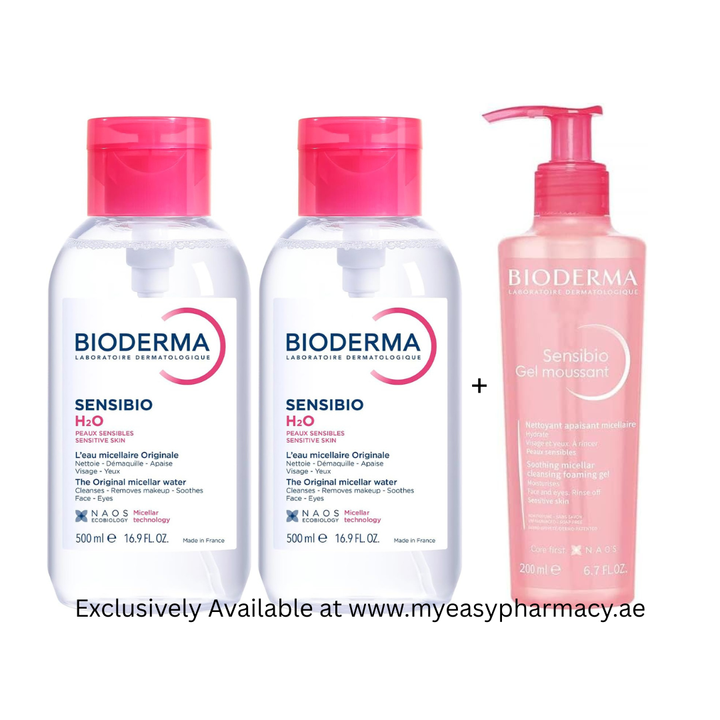 Bioderma Micellar Water Make Up Remover 500 ml Pack of 2 | Sensibio Soothing Micellar Cleansing Foaming Gel 200Ml For Sensitive Skin