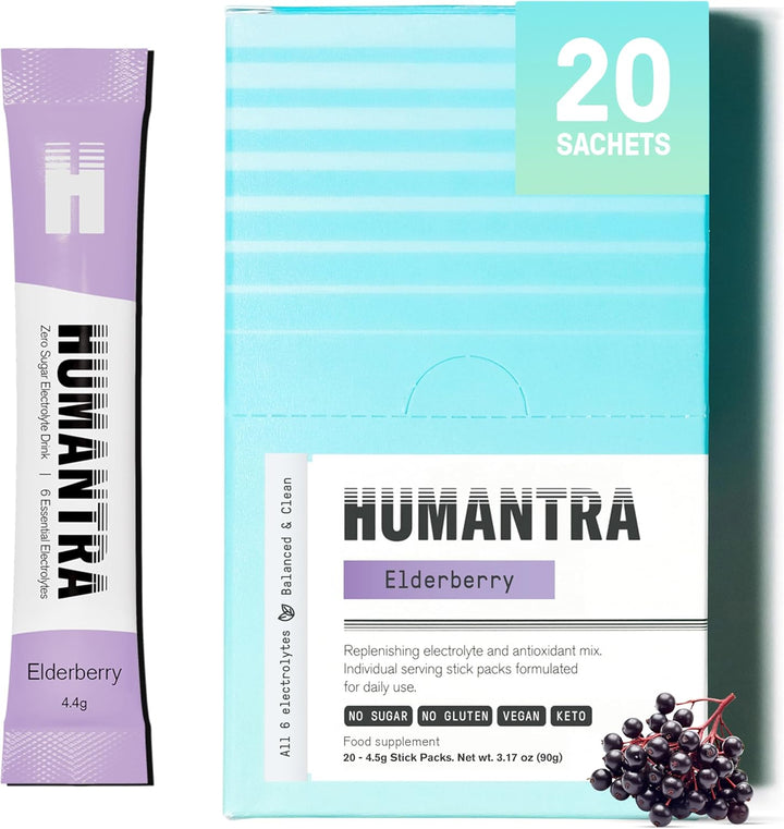 Humantra Hydration Packets – Zero Sugar Electrolyte Powder with Essential Minerals, Elderberry Flavor (20 Count)