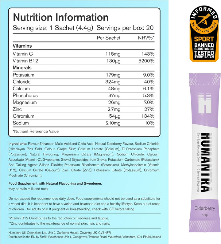 Humantra Hydration Packets – Zero Sugar Electrolyte Powder with Essential Minerals, Elderberry Flavor (20 Count)