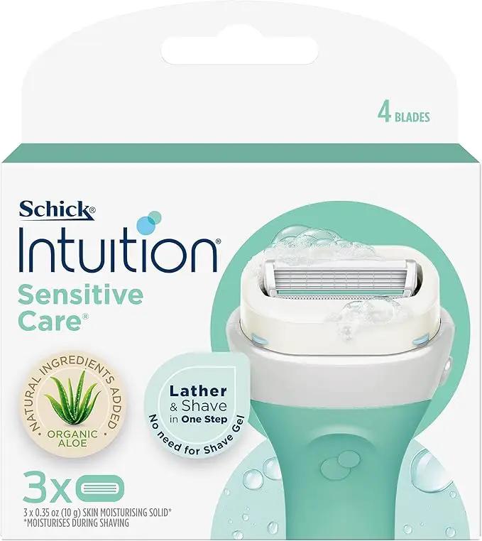 Intuition Sensitive Care Razor Refill Cartridges for Women,2 in 1 Lathers & Shaves in one step- No need for Shave Gel, Moisturises Skin - Organic Aloe + Vitamin E - 3 Cartridges