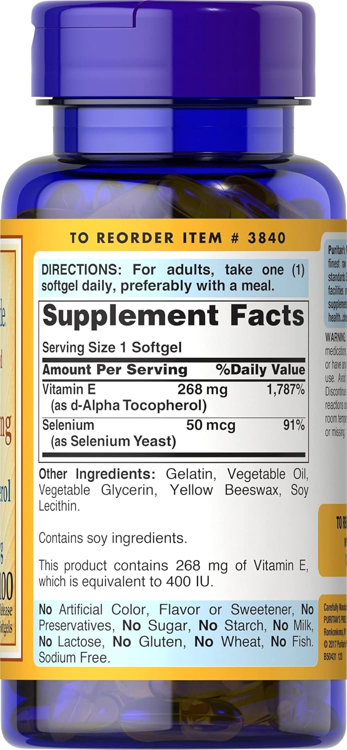 Puritan’s Pride Vitamin E 400 IU + Selenium – 100 Softgels
