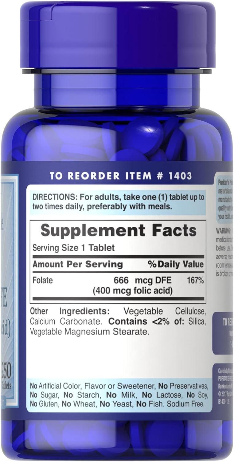 Puritan’s Pride Folic Acid 400 mcg (Folate) – 250 Tablets