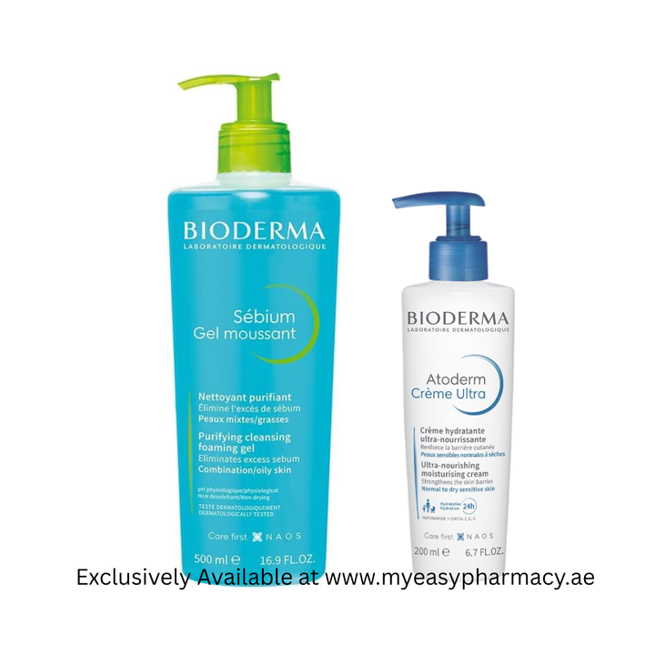 Bioderma Sebium Purifying Cleansing Foaming Gel 500ml and Atoderm Cream 200ml Combo Pack