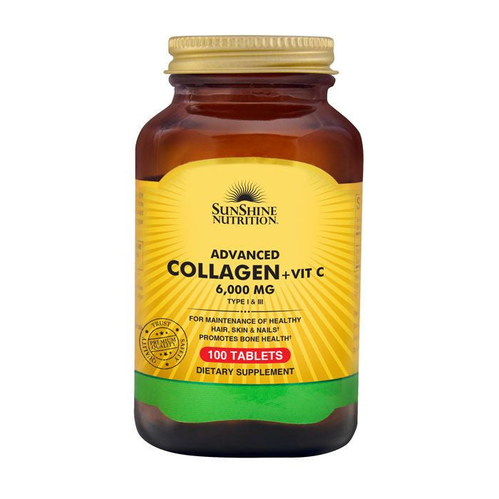 Sunshine Nutrition Advanced Collagen + Vitamin C – Type I & III Hydrolyzed Collagen Tablets (100 Count)