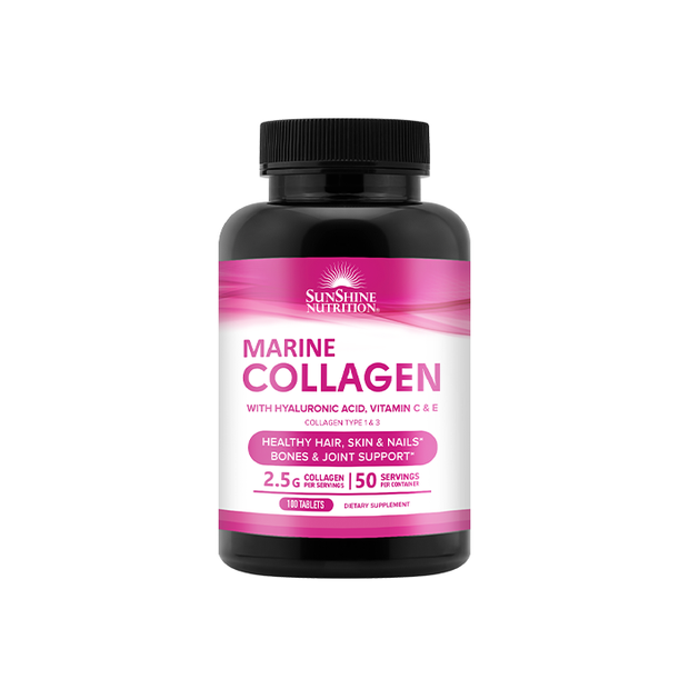 Sunshine Nutrition Marine Collagen with Hyaluronic Acid, Vitamin C & E – 100 Tablets