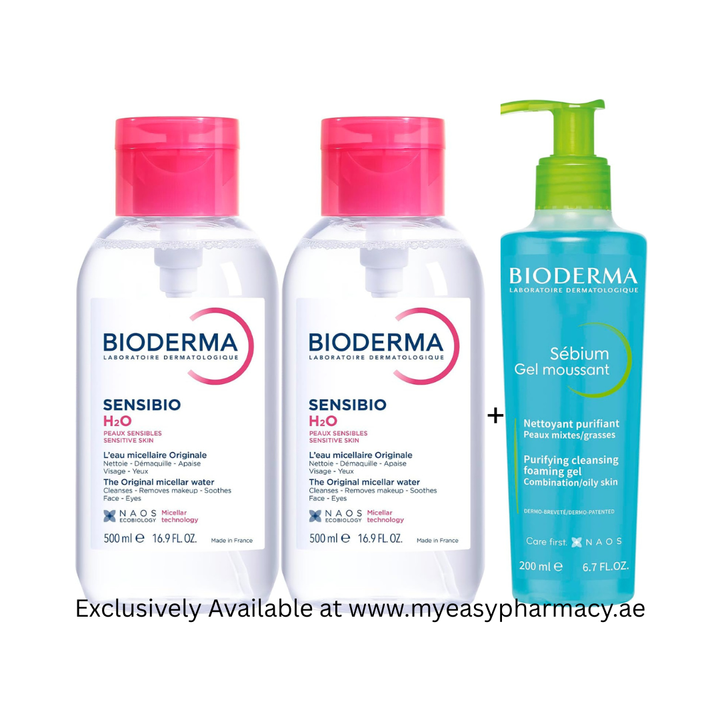 Bioderma Sensibio H2O 500ml With Pump Pack Of 2 |Sebium Purifying Cleansing Foaming Gel - Combination to Oily Skin, 200ml